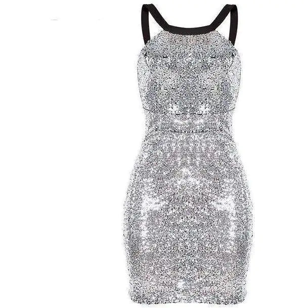 Silver sequin mini dress with halter neck and black tie shoulder straps