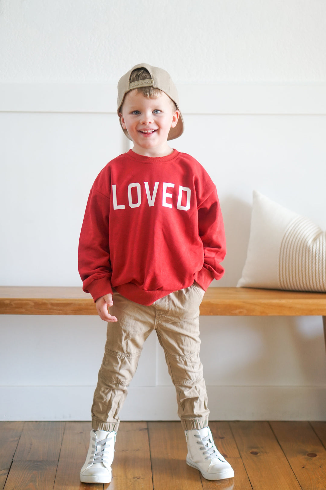 Red crewneck sweatshirt with &