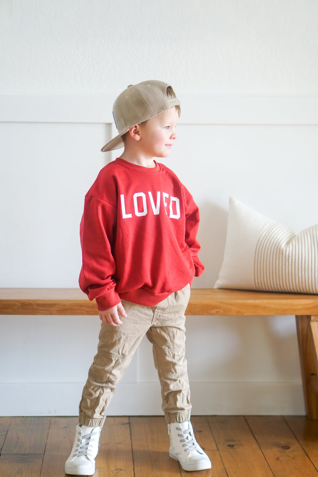 Red crewneck sweatshirt with &