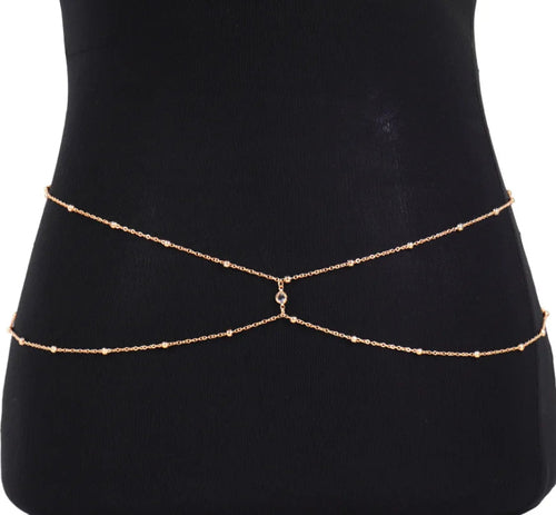 Gold metal clear rhinestone belly chain featuring double loops and central dangling charm