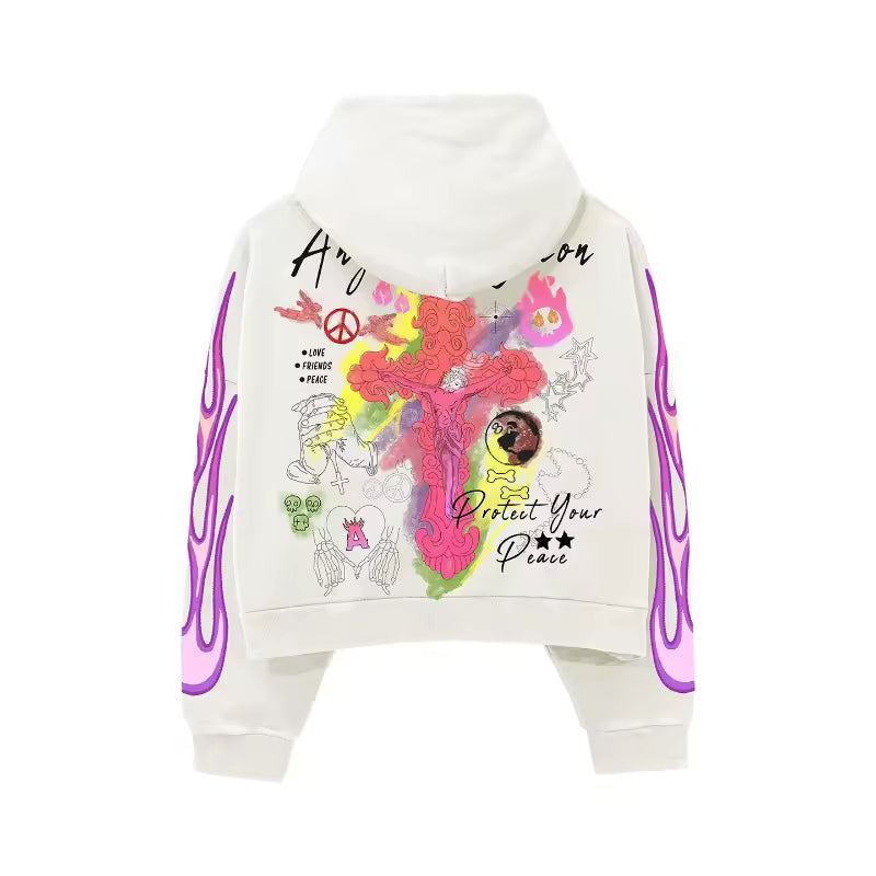 White hoodie back with colorful peace-flame cross art and purple flame sleeves