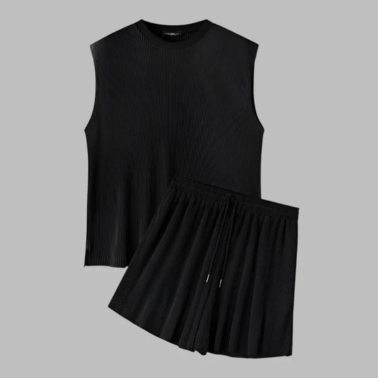 Black sleeveless ribbed tank with pleated drawstring shorts set (flat lay)