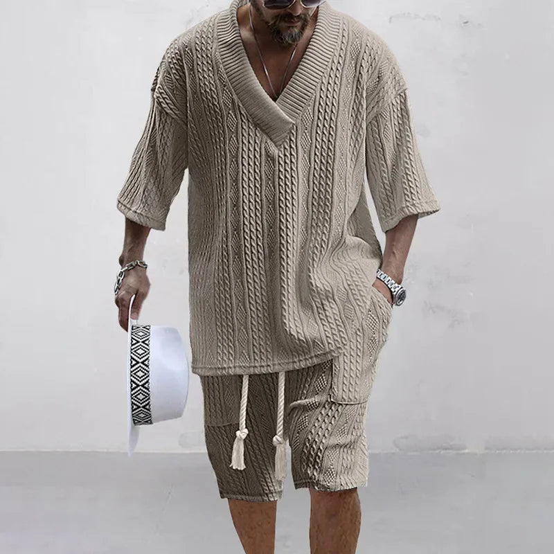 Men's knitted set, khaki: V-neck knit top with pocket and drawstring shorts