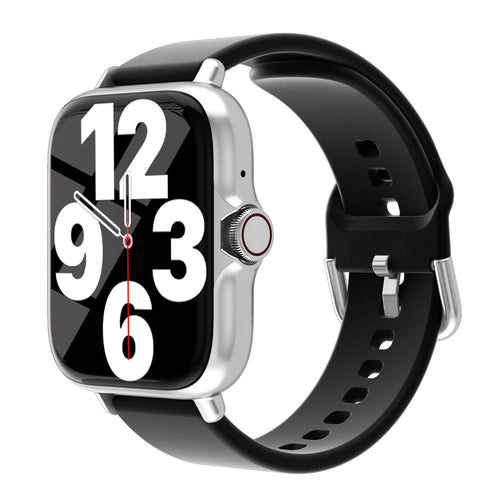 Waterproof smart watch with large digital clock face on silver and black strap