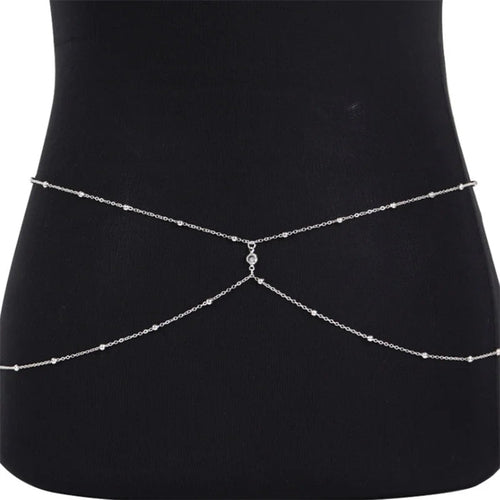 Silver-tone clear rhinestone belly chain with crisscross double bands and center charm