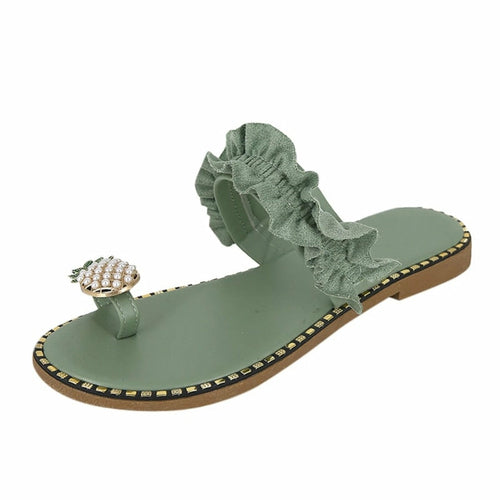 Pineapple pearl beach slides, sage green flat slides with ruffle strap and pineapple charm