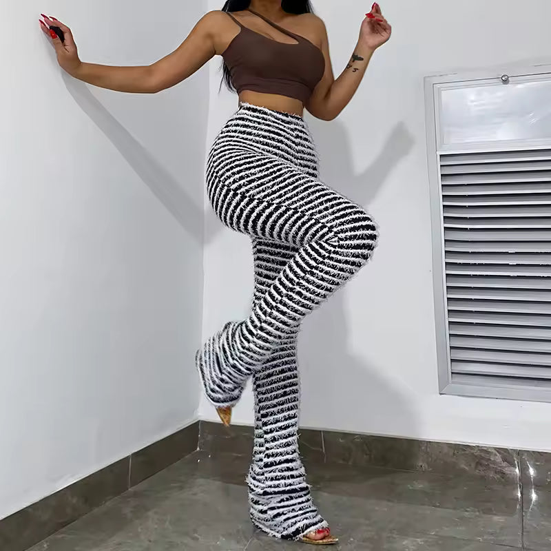 Shag Stripe Bell Bottoms, gestreift, ausgestelltes Bein, langes Frotteestrick-Finish