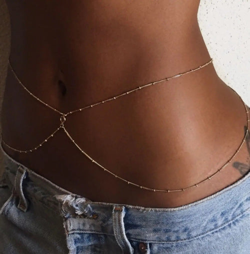 Gold-tone clear rhinestone belly chain set with double bands and center drop