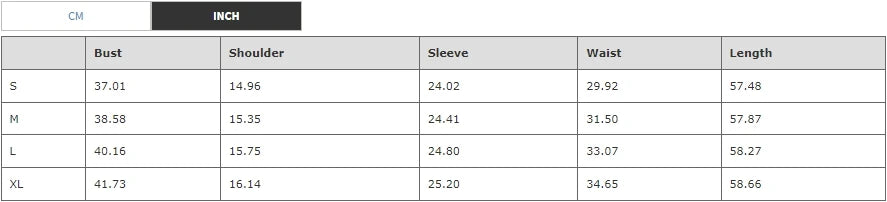 Size chart (in): bust, shoulder, sleeve, waist and length for S–XL