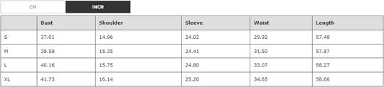 Size chart (in): bust, shoulder, sleeve, waist and length for S–XL