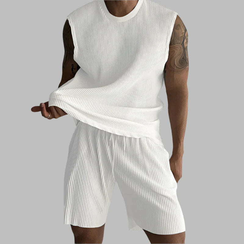 White sleeveless tank top with drawstring pleated shorts, men’s set