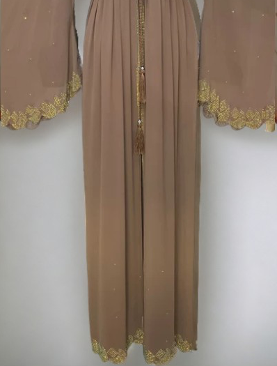 Nemesia abaya front lower section with pleated fabric and gold embroidered hem trim