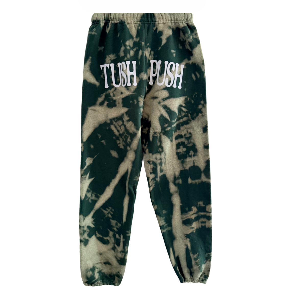 TUSH PUSH tie-dye sweatpants in dark green & beige with front 'TUSH PUSH' print
