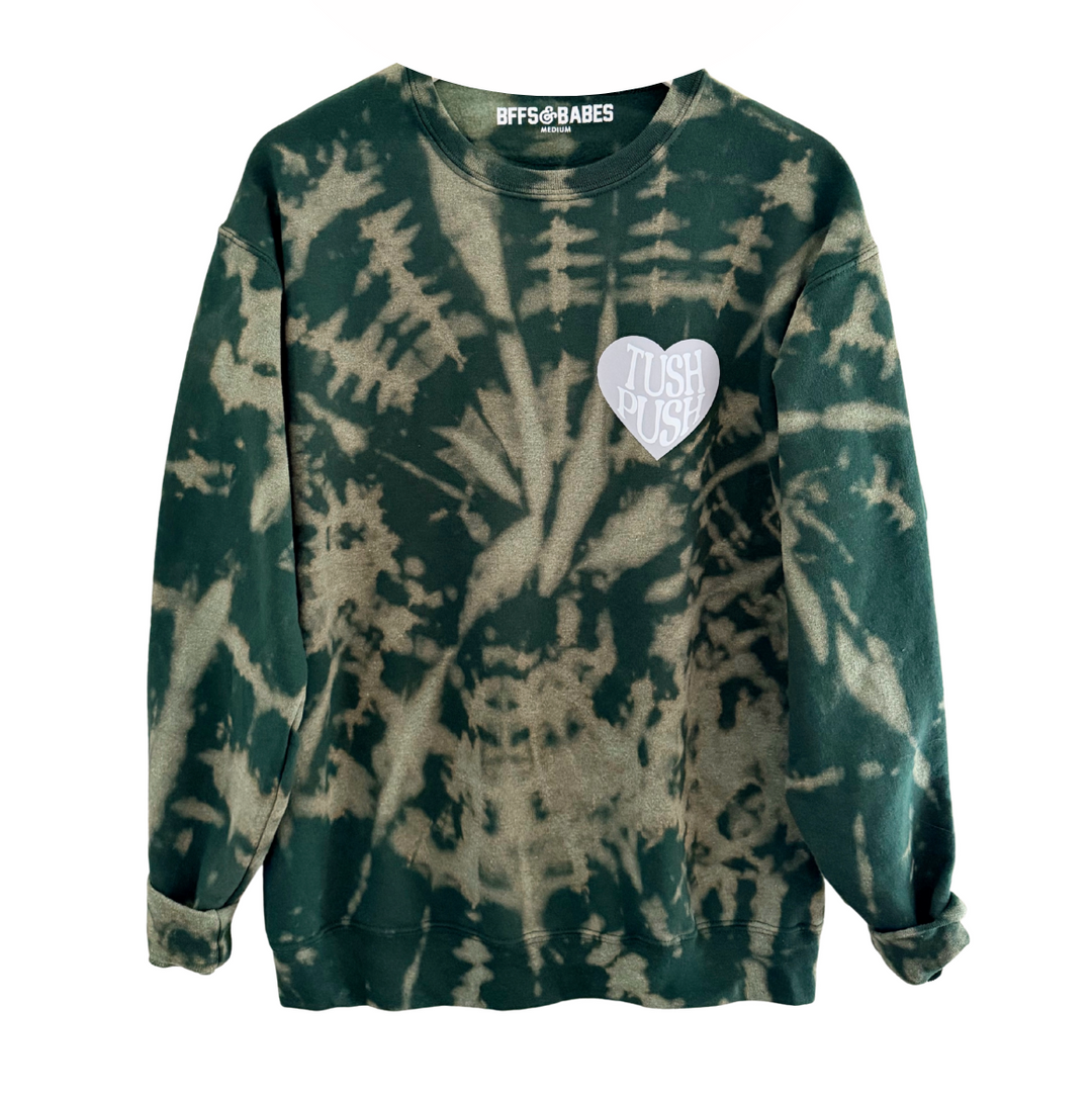 TUSH PUSH tie-dye sweatshirt in dark green and gray, crewneck long sleeves