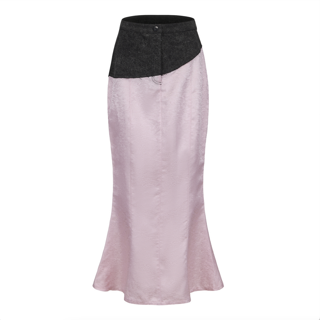 DAWANG Fei Patch Maxi Skirt flat front: black waist yoke over light pink maxi skirt.