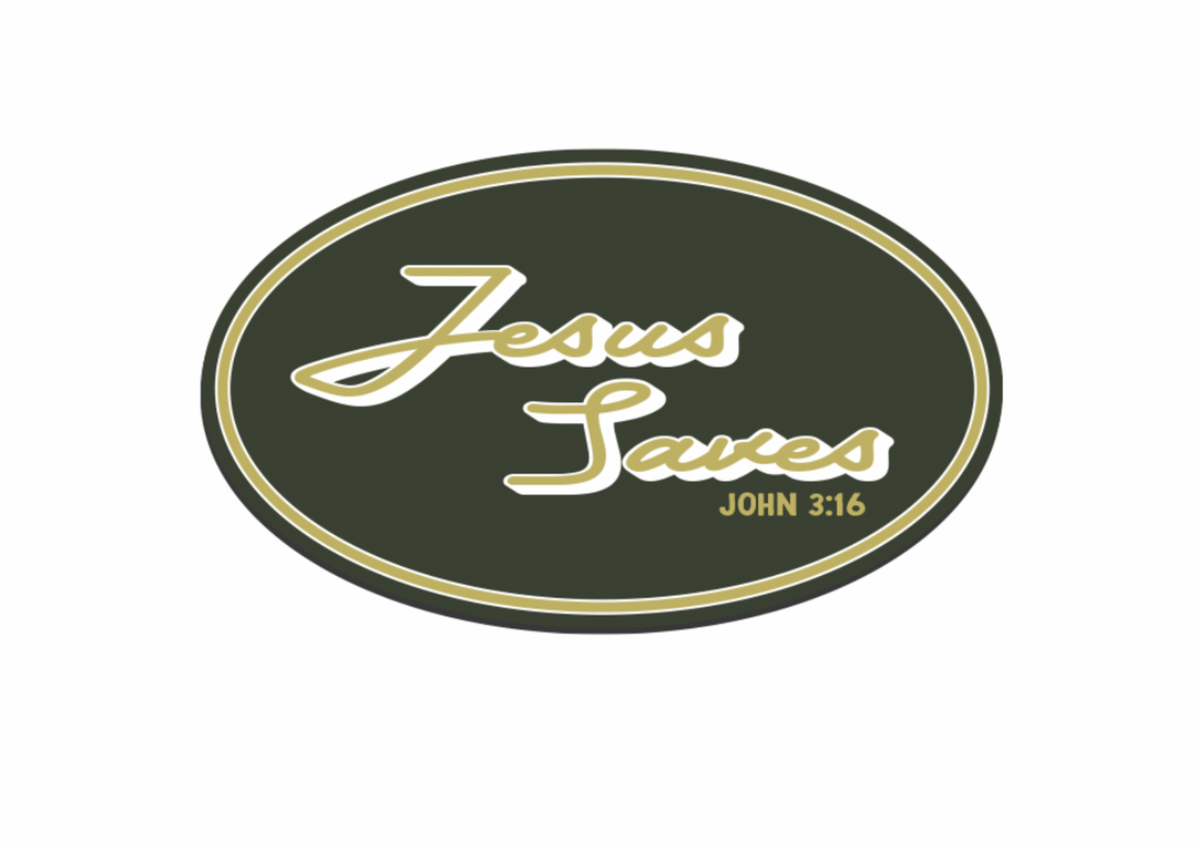 UV printed oval patch, dark green with gold "Jesus Saves" and "John 3:16".