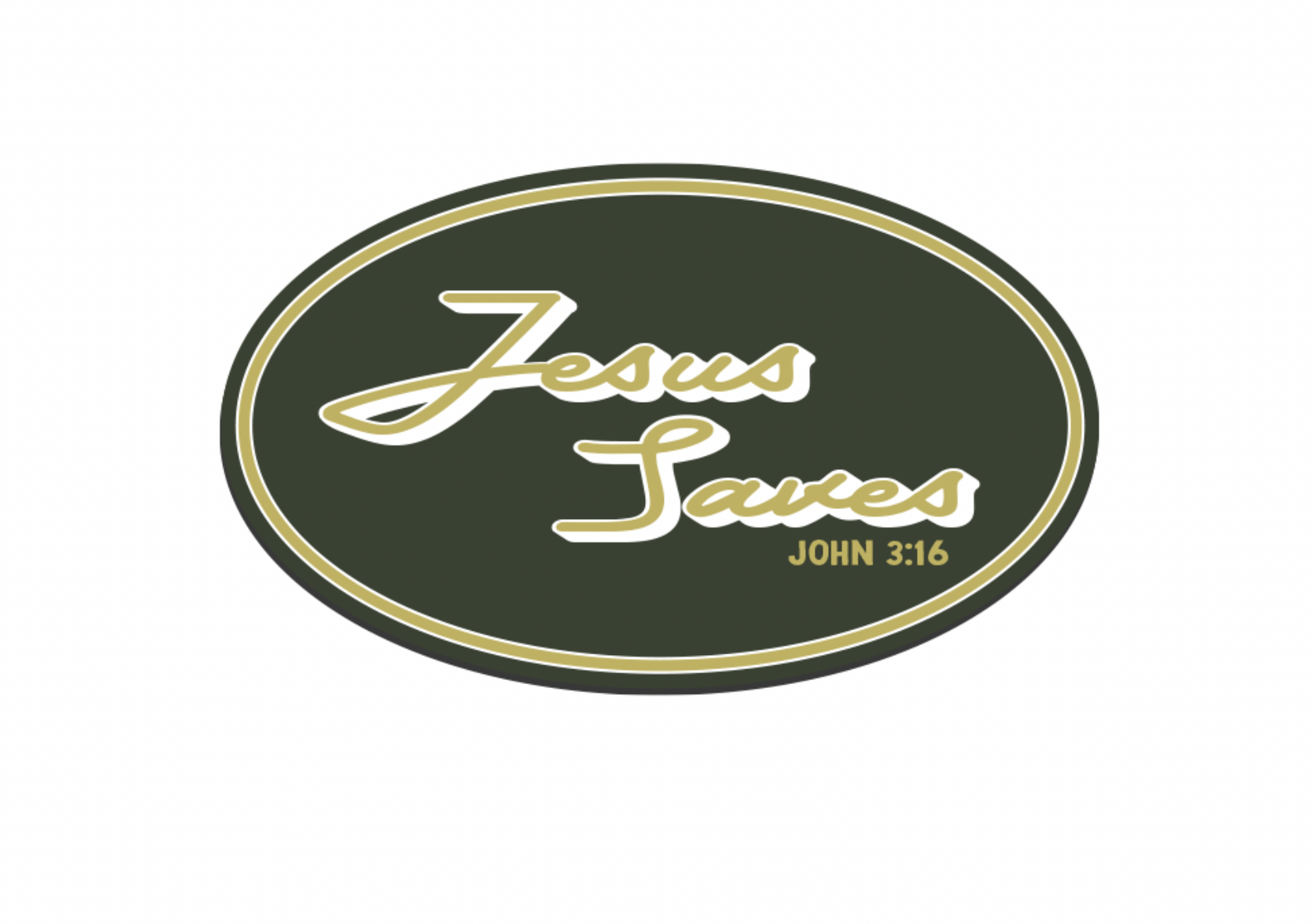 UV printed oval patch, dark green with gold "Jesus Saves" and "John 3:16".