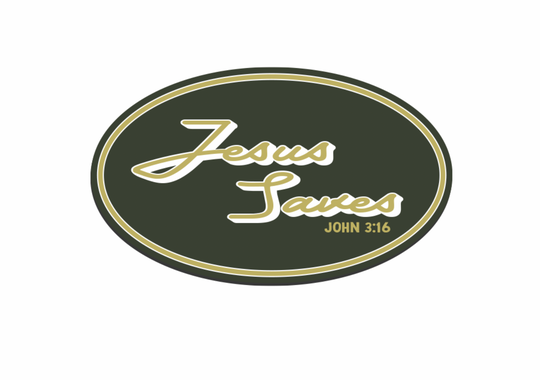 UV printed oval patch, dark green with gold "Jesus Saves" and "John 3:16".