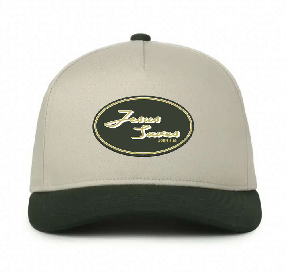 UV printed oval patch on cap: gold "Jesus Saves" on dark green, "John 3:16".
