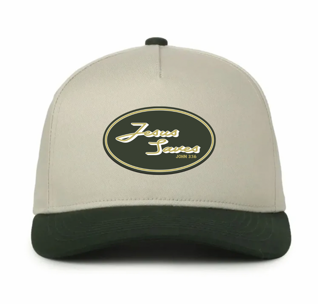 UV printed oval patch on cap: gold "Jesus Saves" on dark green, "John 3:16".