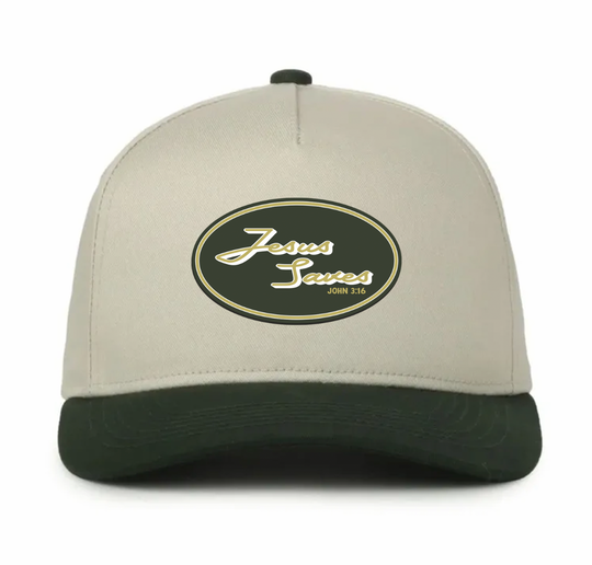 UV printed oval patch on cap: gold "Jesus Saves" on dark green, "John 3:16".