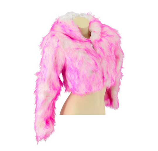 Pink cropped faux fur hooded jacket, soft texture, LED glow at neckline and cuffs