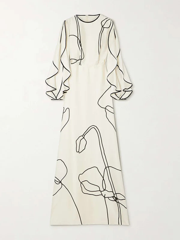 Front view dress on flat surface: white with black floral line art, long sleeves
