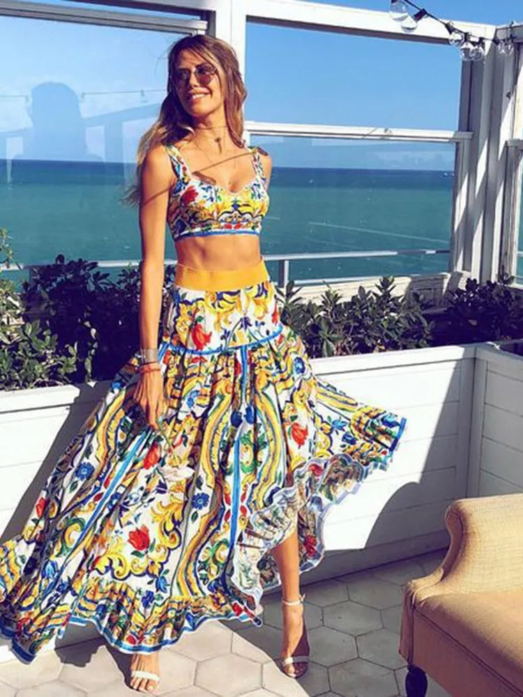 Bohemian two-piece: colorful floral-and-scroll print crop camisole with tiered A-line maxi skirt