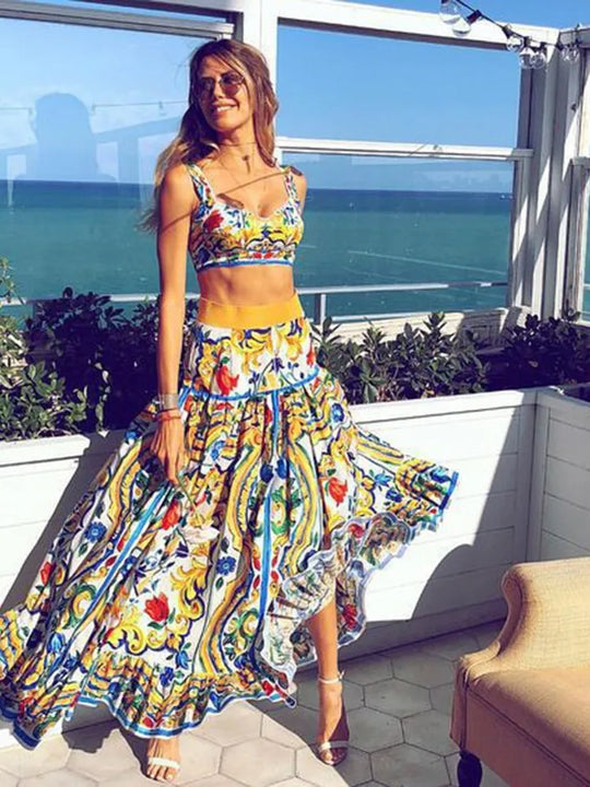 Bohemian two-piece: colorful floral-and-scroll print crop camisole with tiered A-line maxi skirt