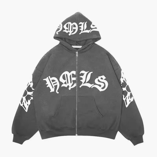 Archangel Full-Zip Jacket, gray hoodie with front zipper and chest logo graphic