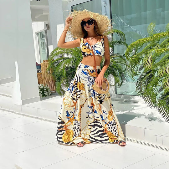 Zweiteiliges Sommer-Set: Camisole und A-Linien-Rock mit blau-gelbem Barockprint