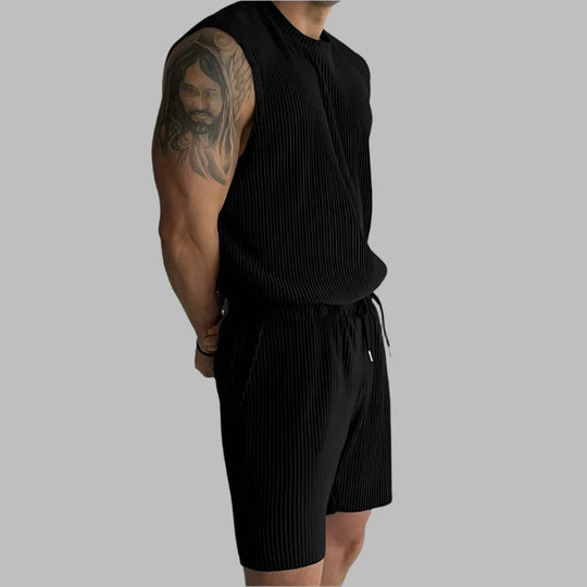 Black sleeveless tank and drawstring pleated shorts set, men’s outfit