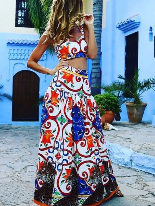 Boho two-piece set: patterned sleeveless crop camisole and A-line maxi skirt, multicolor