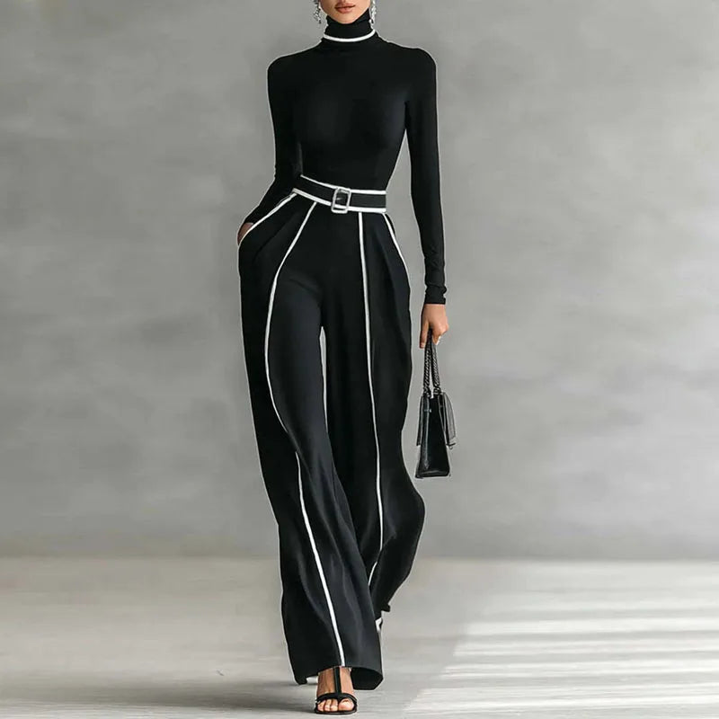 Black 2-piece set: mock-neck top + wide-leg trousers with white contrast stripes
