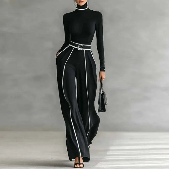 Black 2-piece set: mock-neck top + wide-leg trousers with white contrast stripes