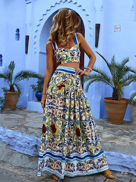 Back view: sleeveless crop camisole and A-line maxi skirt with blue and yellow scroll print