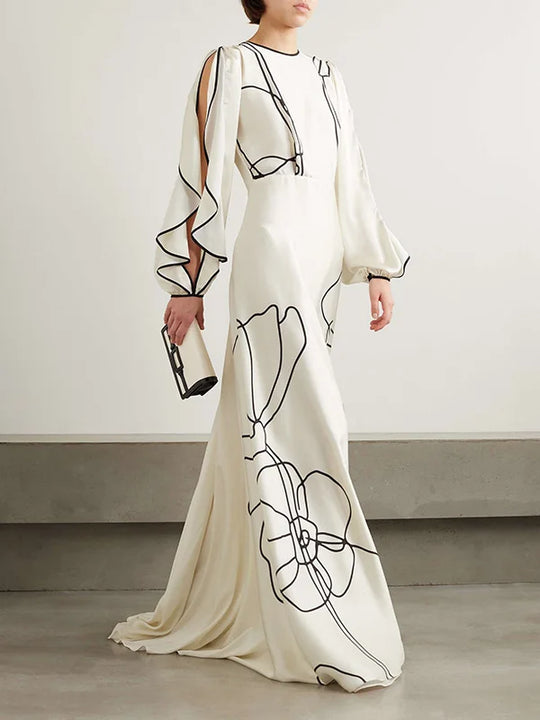 White maxi evening dress, black floral line print, loose draped sleeves, full length
