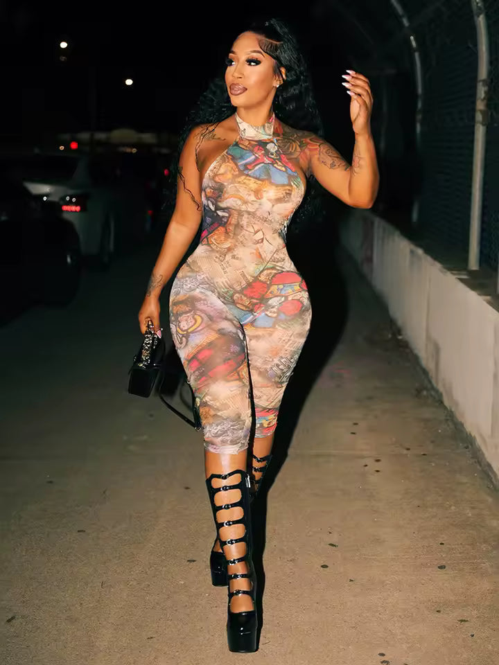 Renaissance Realm Romper, ärmellos mit hohem Ausschnitt und buntem großflächigem Print