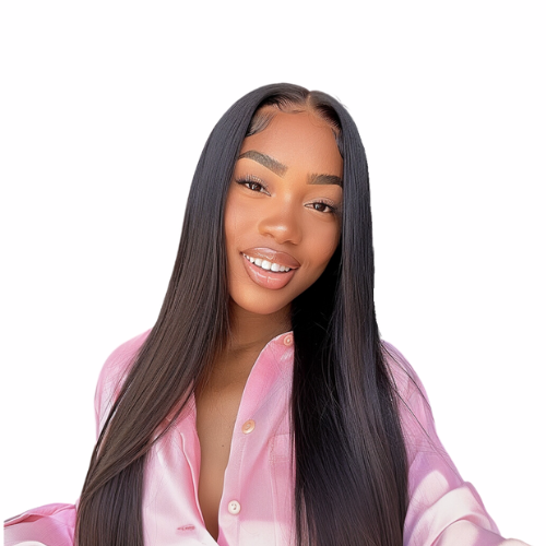 Long straight dark hair on model, center part, smooth sleek texture