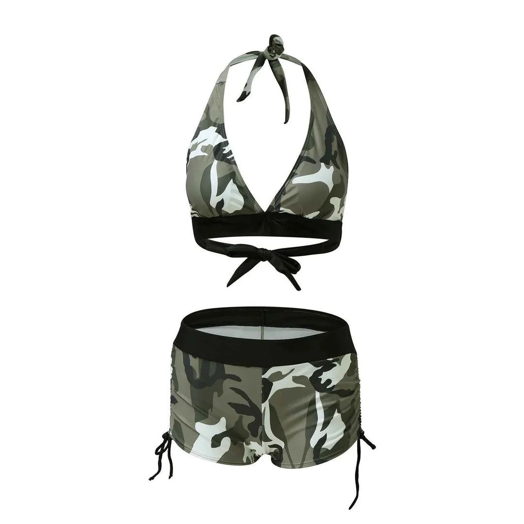 Camouflage halter bikini set with tie-neck triangle top and high-waist drawstring shorts