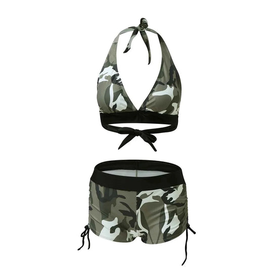 Camouflage halter bikini set with tie-neck triangle top and high-waist drawstring shorts