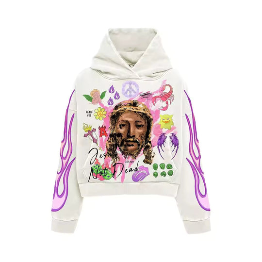 White hoodie with flaming portrait graphic, peace motifs, and purple flame sleeves