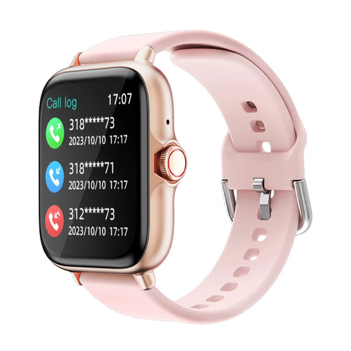 Smartwatch mit Anrufliste am Display, rosafarbenem Armband und rosegoldener Lünette
