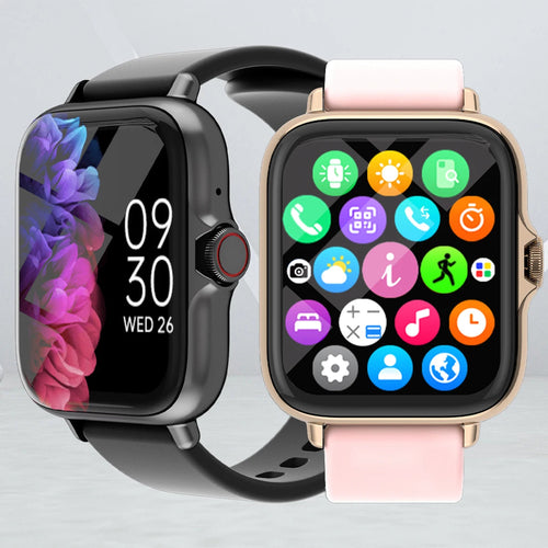 Waterproof smart watch with colorful app icons on black and rose-gold screens