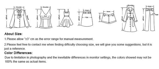 Garment size diagram showing camisole and skirt measurements (shoulder, bust, waist, length)