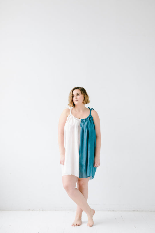 Sheer babydoll with tie straps, white and teal two-tone fabric