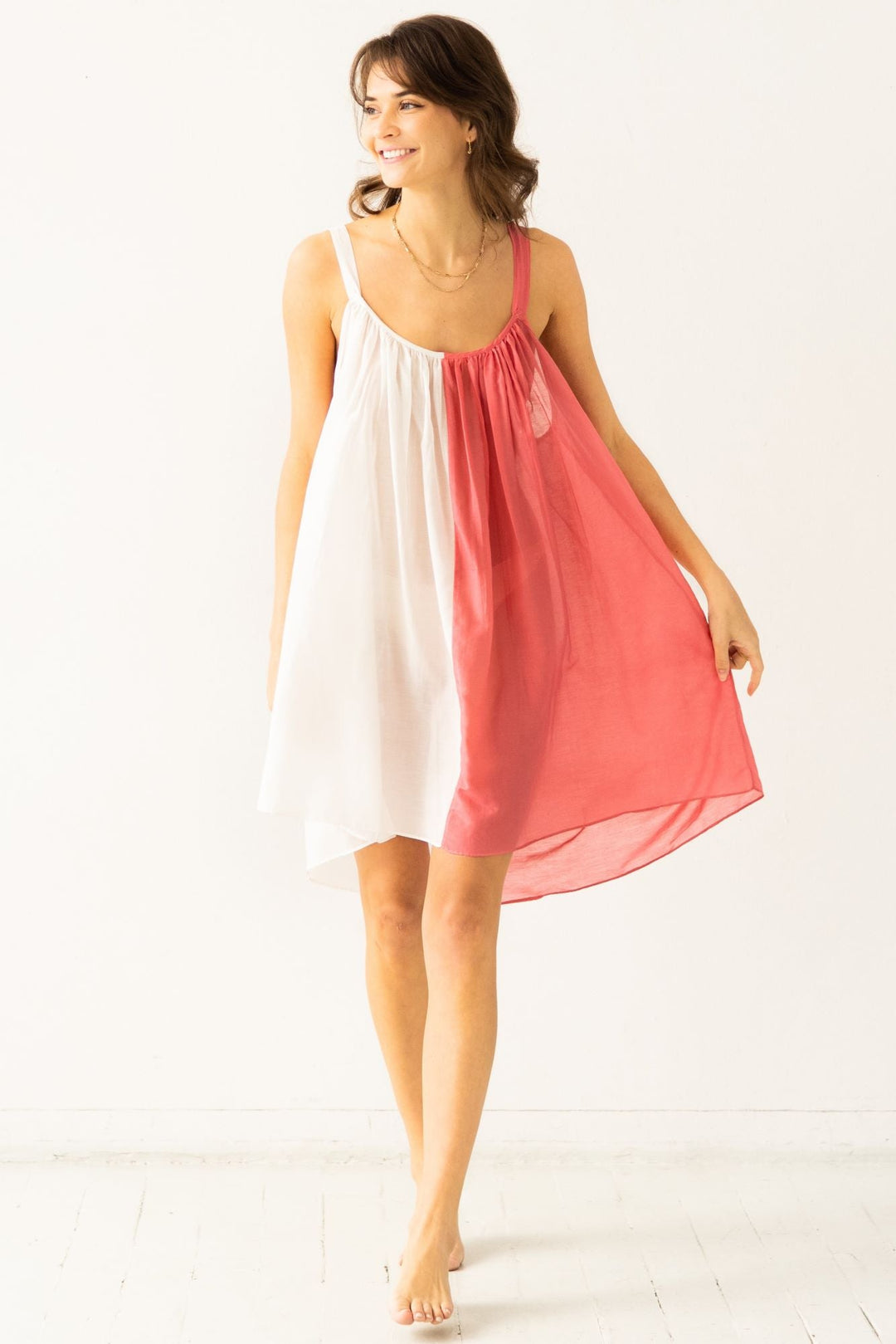 Sheer tie-strap babydoll in silk-cotton blend, white and geranium colorblock