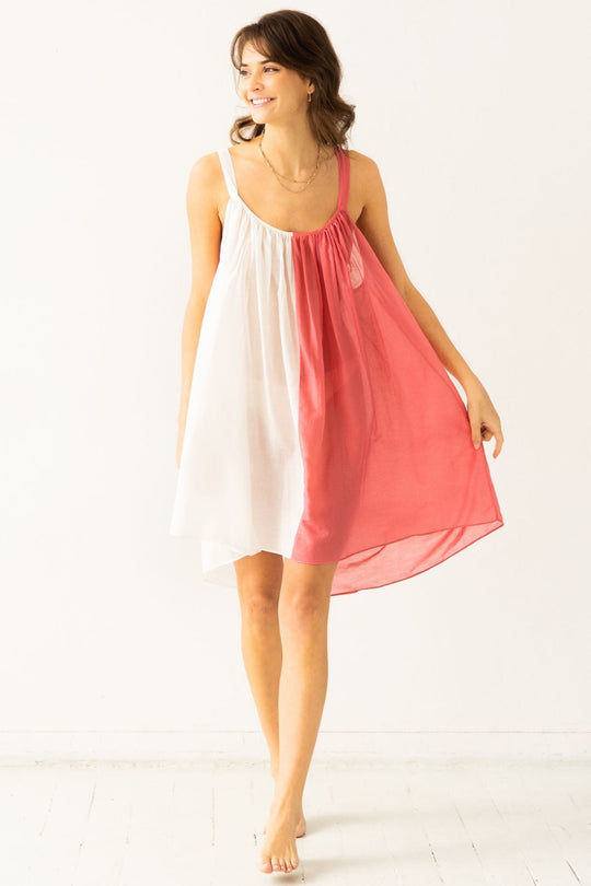 Sheer tie-strap babydoll in silk-cotton blend, white and geranium colorblock