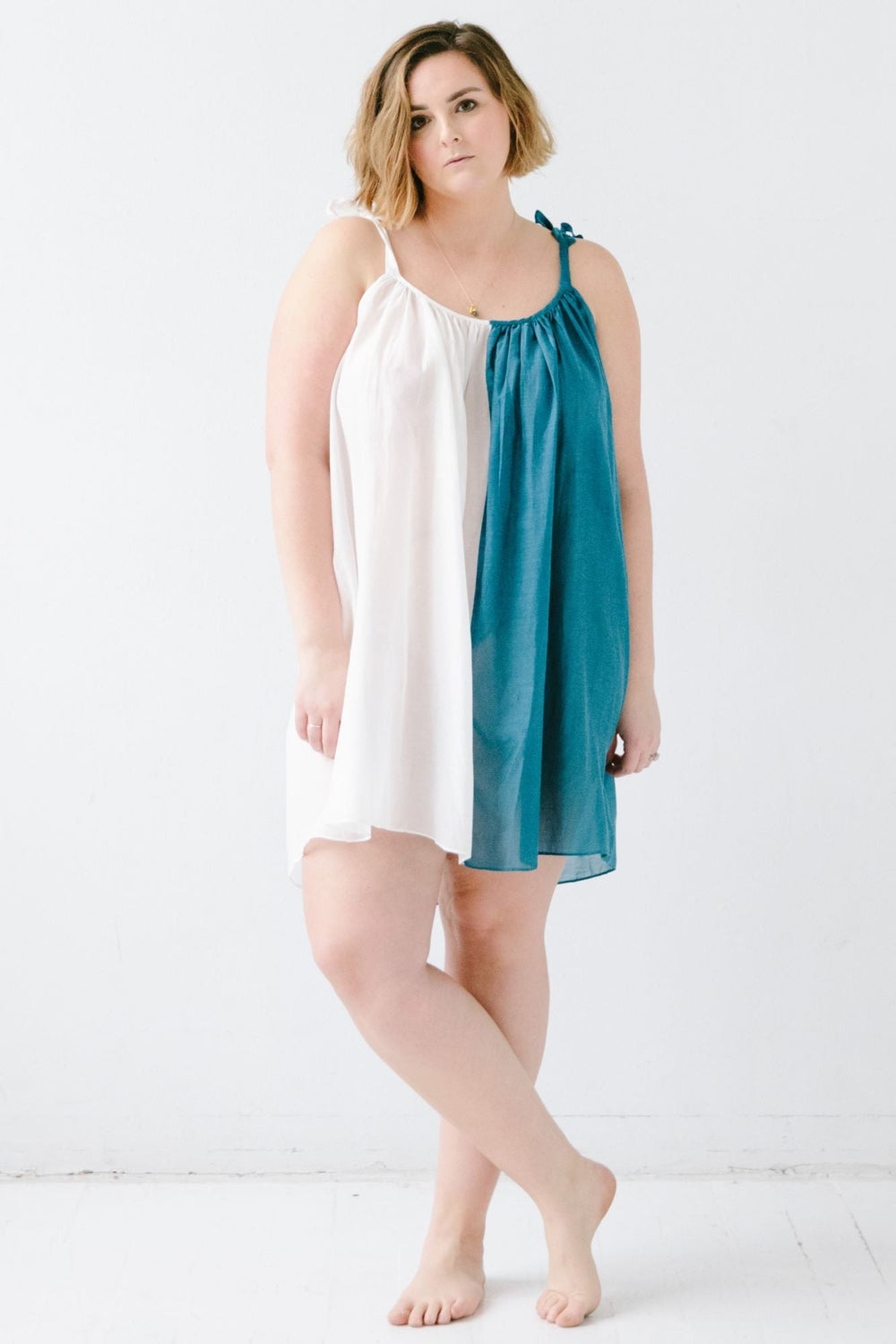 Sheer tie-strap babydoll, white-and-teal colorblock with adjustable tie straps