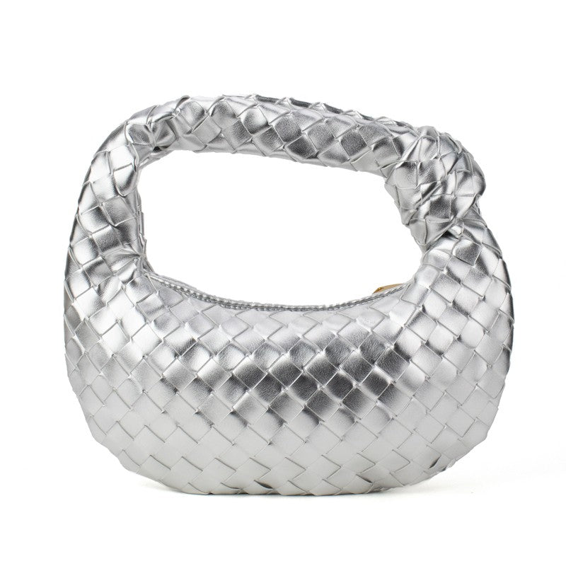 Knotted woven handbag in silver, braided knot handle, woven texture